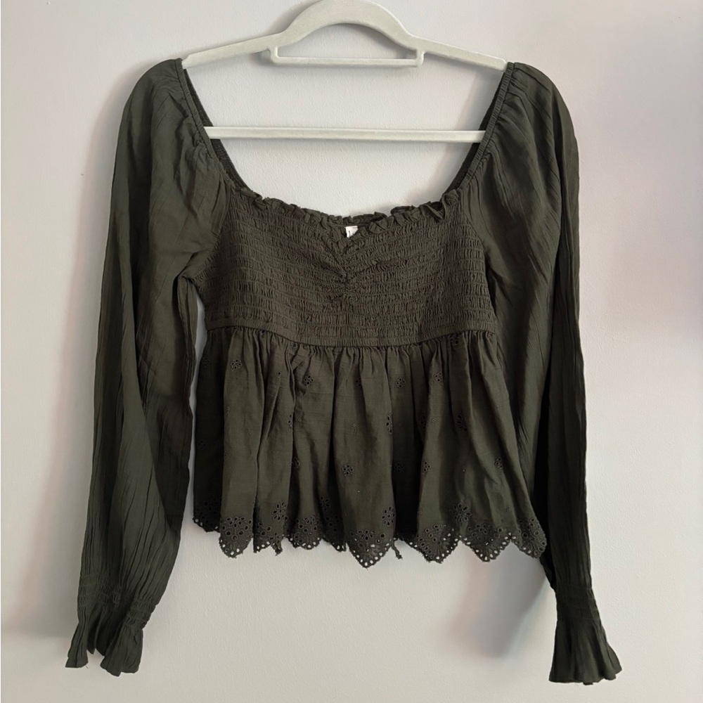 American Eagle Outfitters Green Puff Sleeve Smocked Blouse
